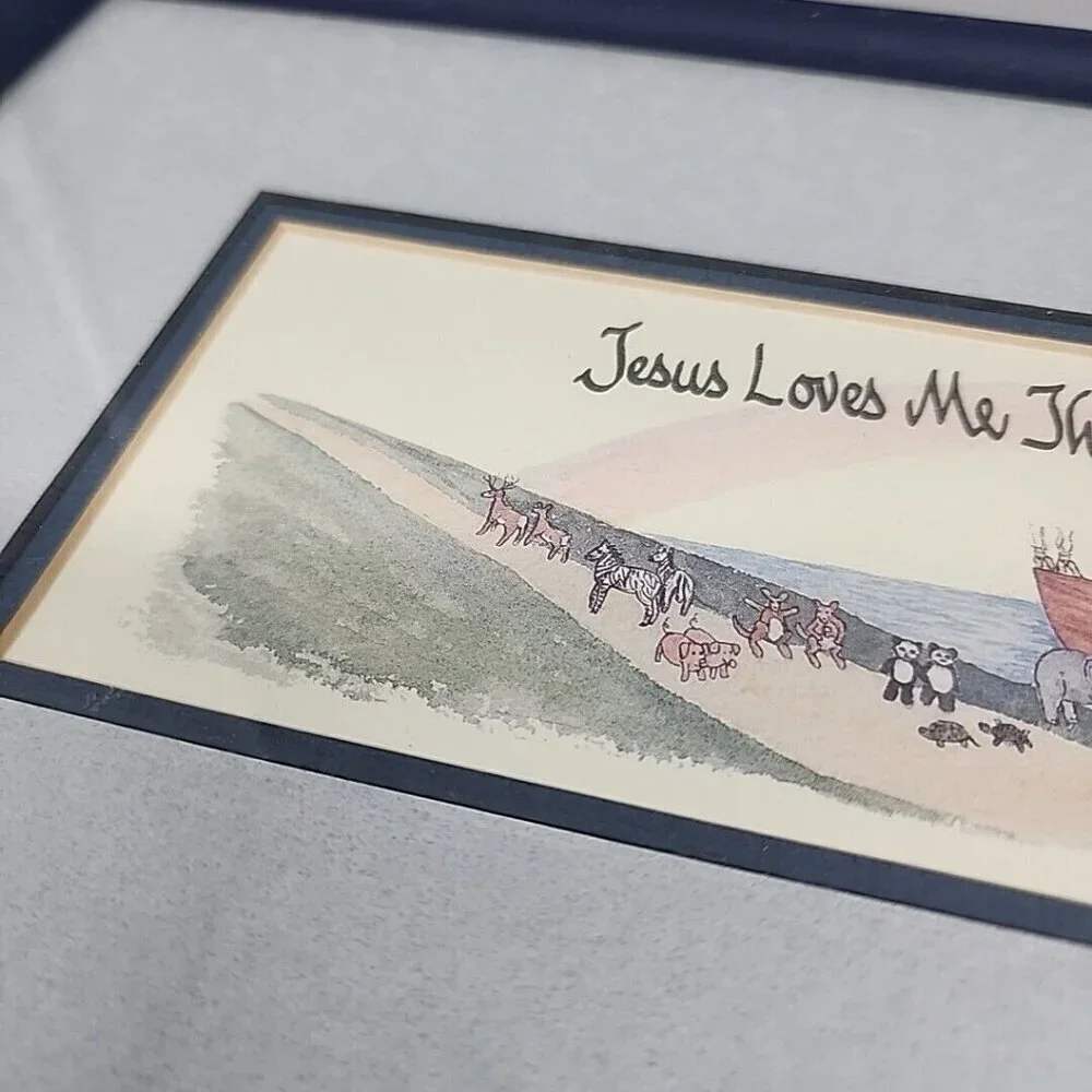Vintage Blue Framed Water Color Noahs Arc Jesus Loves Me Bible Tells Me So 1994